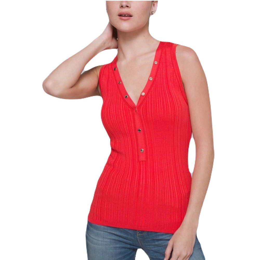 NWT WHBM V-Neck Snap-Front Rib Knit Sweater Tank Deep Coral XXS